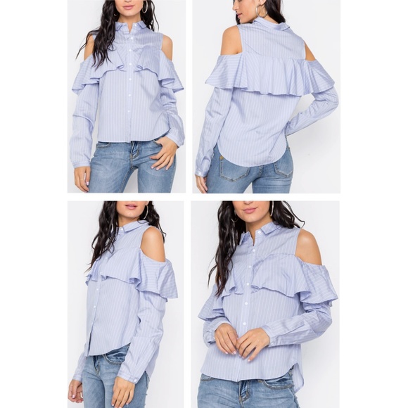 Light Blue Striped Cold Shoulder Ruffle Shirt Top - Picture 5 of 7
